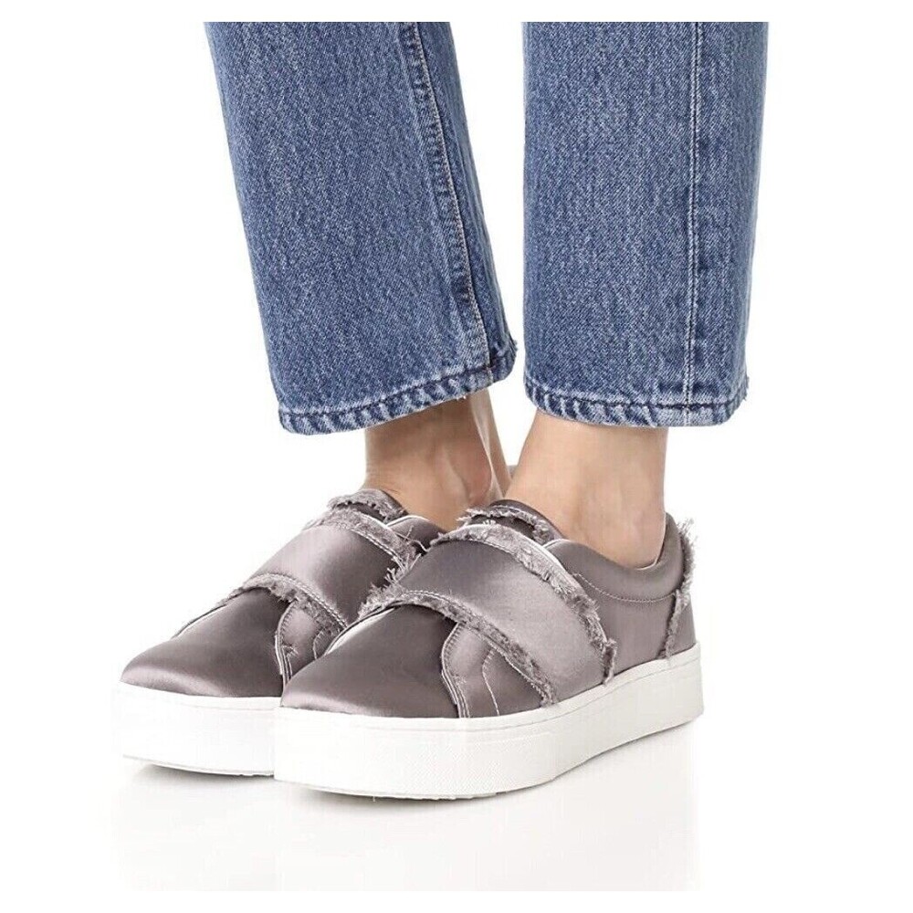 Sam Edelman Levine Sneakers Satin Metallic Silver Frayed Shoes Womens Size 8.5